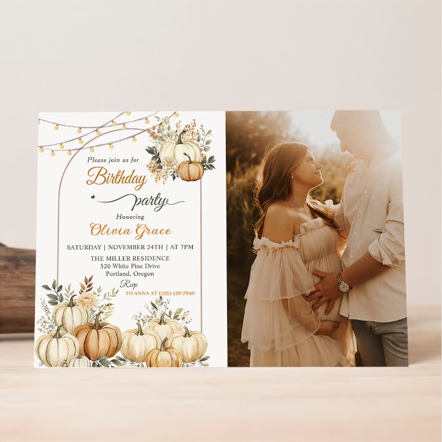 Rustic Pumpkin Fall Floral Birthday Party Photo Invitation (Creator Uploaded)