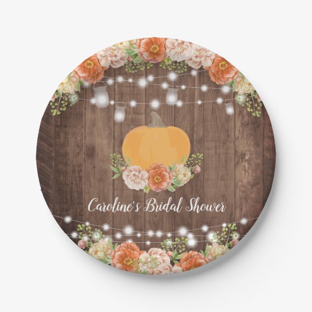 Rustic Pumpkin Fall Floral Bridal Shower Paper Plates (Front)
