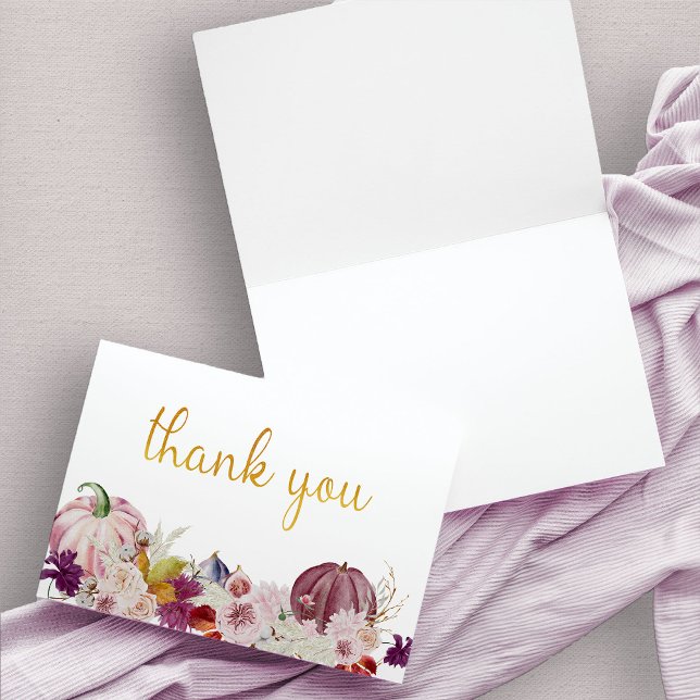 Rustic Pumpkin Fall Flowers Gold Calligraphy Thank You Card (Purple and Gold rustic pumpkin thank you card)