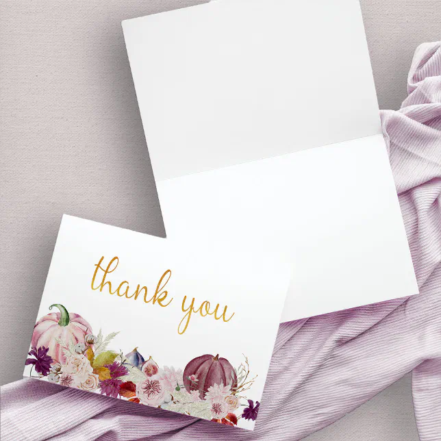 Rustic Pumpkin Fall Flowers Gold Calligraphy Thank You Card | Zazzle