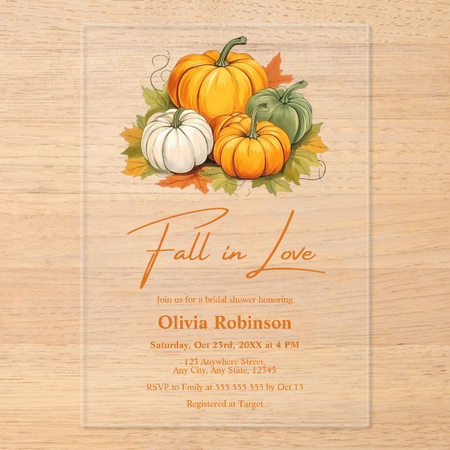 Rustic Pumpkin Fall in Love Bridal Shower  Acrylic Invitations (Front)