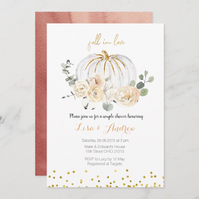 Rustic Pumpkin Fall in Love Couples Shower Invitation (Front/Back)
