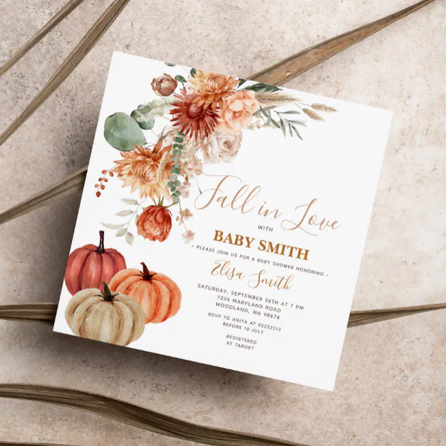 Rustic Pumpkin Fall in Love Floral Baby Shower Invitation Zazzle