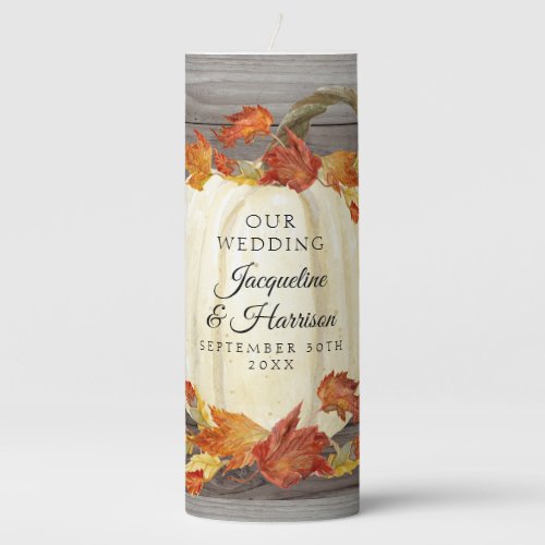 Rustic Pumpkin Fall Leaves Wood Watercolor Wedding Pillar Candle