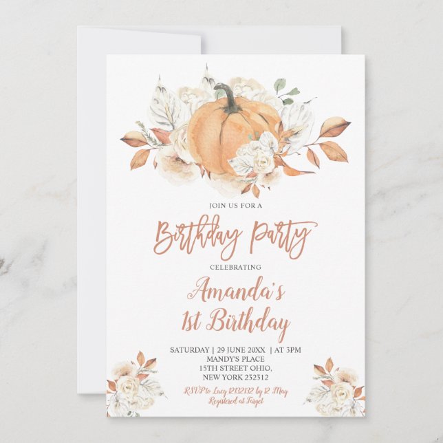 Rustic Pumpkin Fall Rustic Floral Birthday Party Invitation (Front)