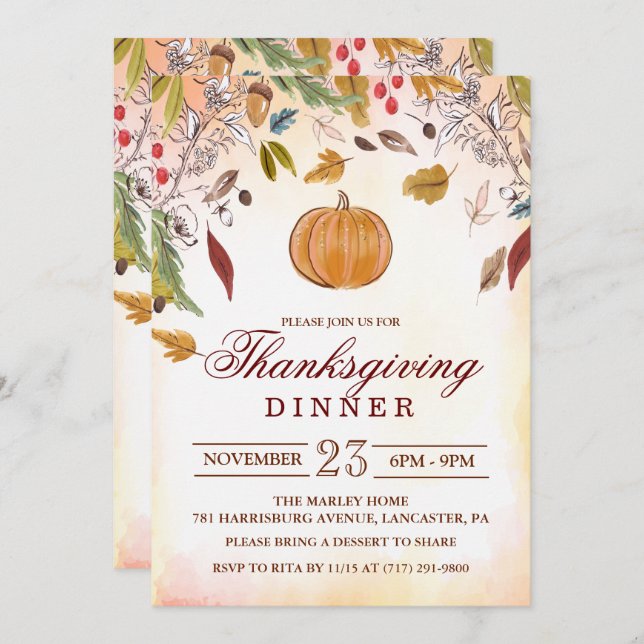 Rustic Pumpkin Fall Thanksgiving Dinner Invitation (Front/Back)