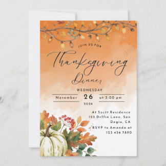 Rustic Pumpkin Festive Lights Orange Thanksgiving Invitation