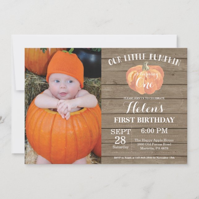 Rustic Pumpkin First Birthday Invitation (Front)