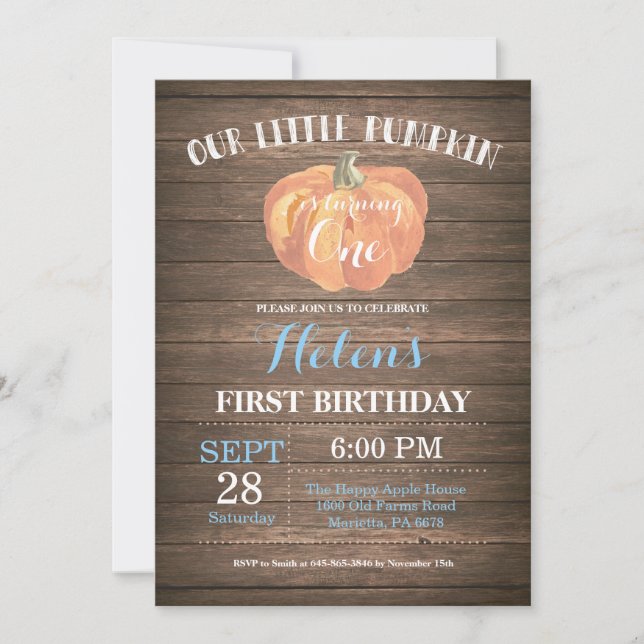 Rustic Pumpkin First Birthday Invitation (Front)