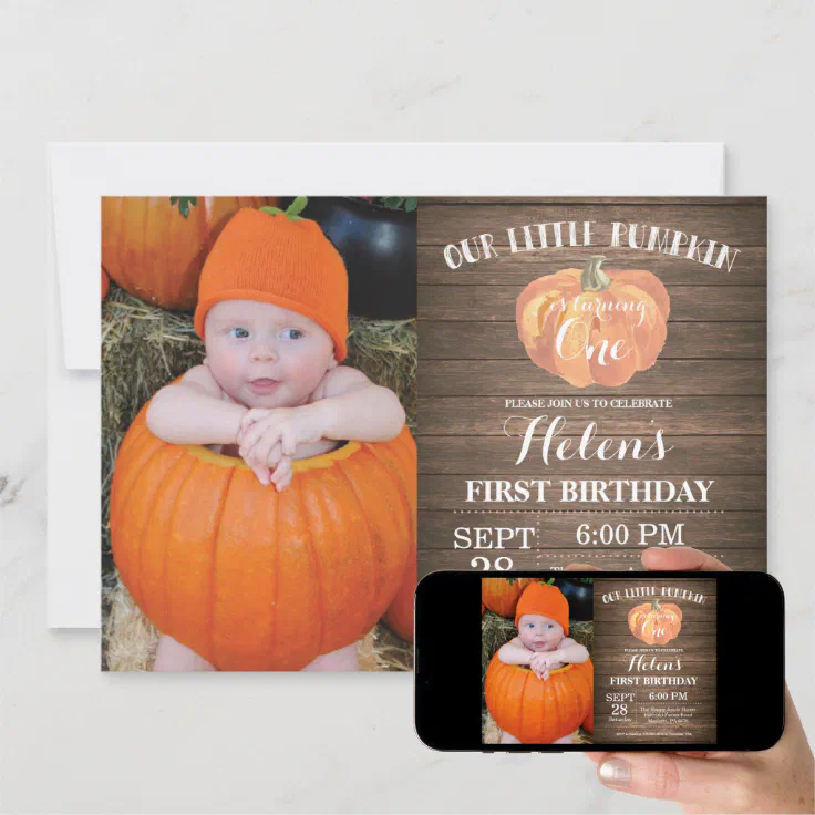 Rustic Pumpkin First Birthday Invitation 