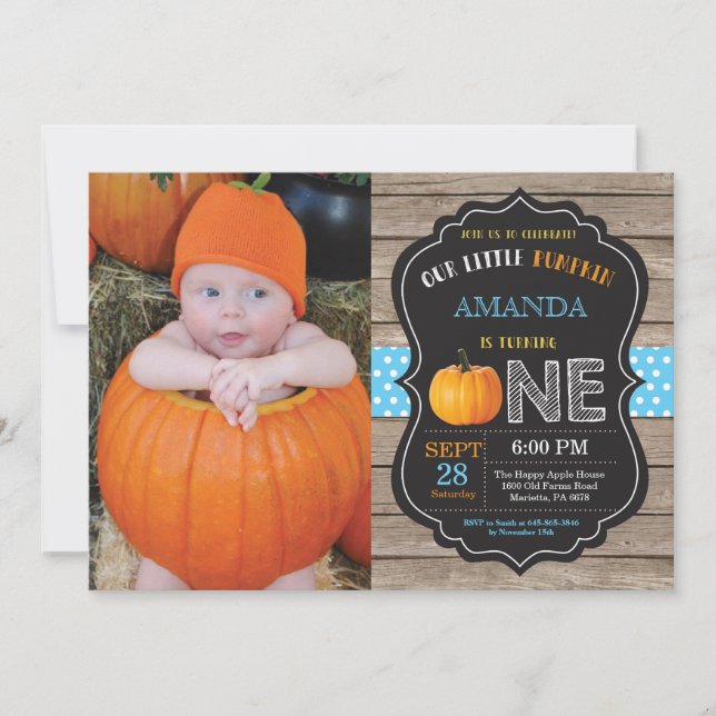 Rustic Pumpkin First Birthday Invitation Blue (Front)