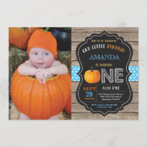 Rustic Pumpkin First Birthday Invitation Blue