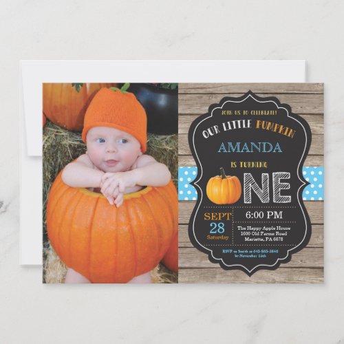 Rustic Pumpkin First Birthday Invitation Blue