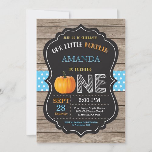 Rustic Pumpkin First Birthday Invitation Blue