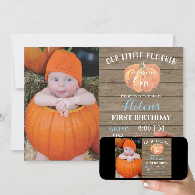 Rustic Pumpkin First Birthday Invitation Blue | Zazzle