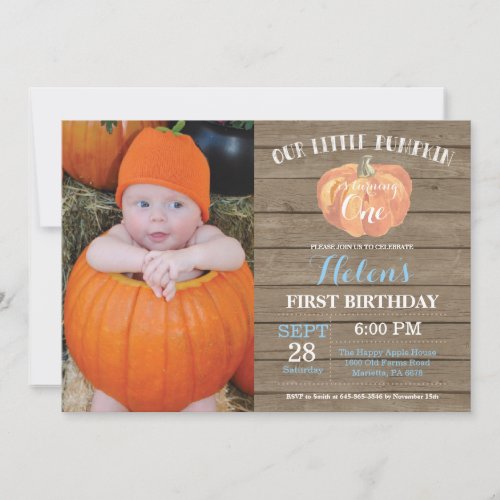 Rustic Pumpkin First Birthday Invitation Blue
