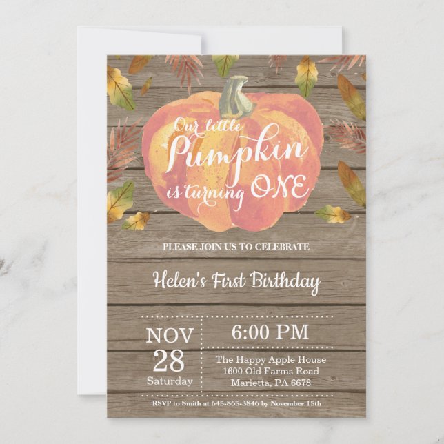 Rustic Pumpkin First Birthday Invitation Orange (Front)