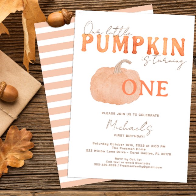 Rustic Pumpkin First Birthday Invite (minimalist watercolor pumpkin 1st birthday party invitation)