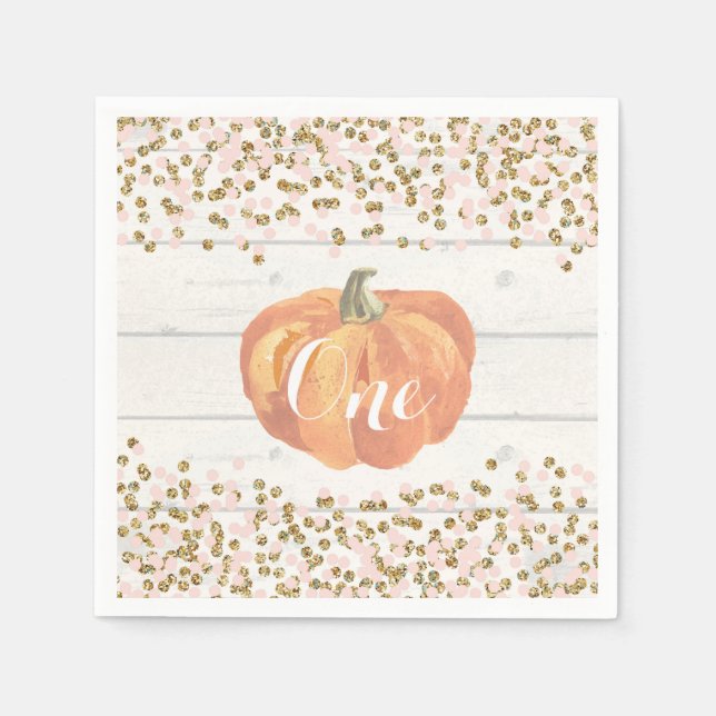 Rustic Pumpkin First Birthday Orange Pink and Gold Napkins (Front)