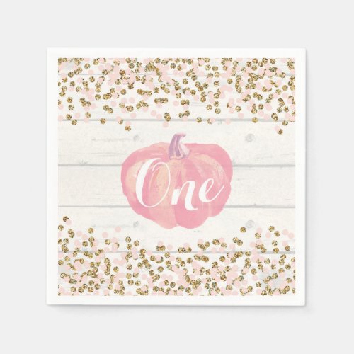 Rustic Pumpkin First Birthday Pink and Gold Napkins