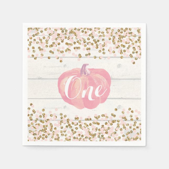 Rustic Pumpkin First Birthday Pink and Gold Napkins (Front)