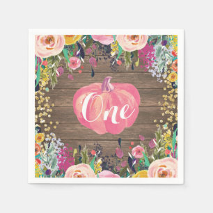 Rustic Pumpkin First Birthday Pink and Gold Napkins