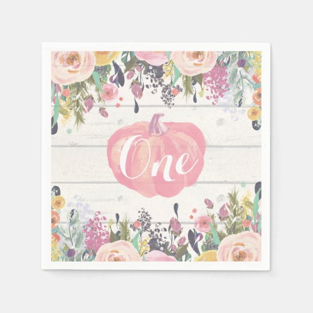 Rustic Pumpkin First Birthday Watercolor Floral Napkins (Front)