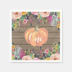 Rustic Pumpkin First Birthday Watercolor Floral Napkins