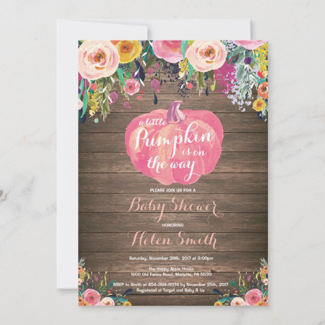 Rustic Pumpkin Floral Girl Baby Shower Invitation (Front)