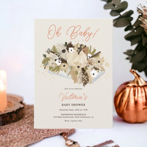 Rustic pumpkin floral neutral Oh baby shower Invitation