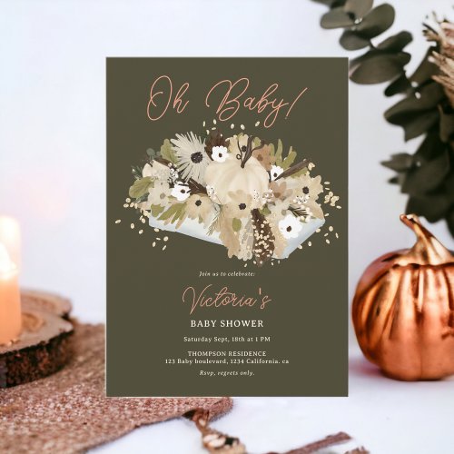 Rustic pumpkin floral neutral Oh baby shower Invitation