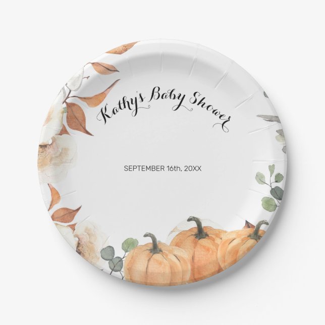 Rustic Pumpkin Floral Party Paper Plates (Front)