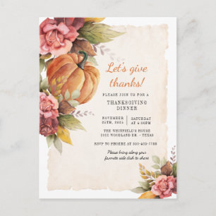 Rustic Pumpkin Floral Thanksgiving Invitation Postcard