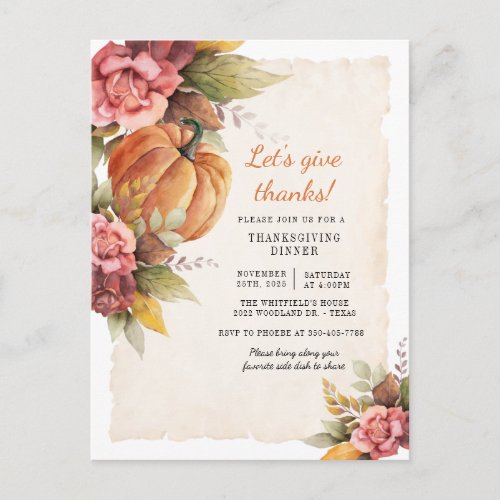 Rustic Pumpkin Floral Thanksgiving Invitation Postcard