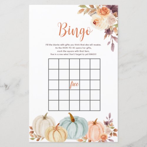 Rustic Pumpkin Floral Watercolor Bingo Game