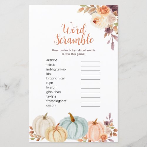 Rustic Pumpkin Floral Watercolor Word Scramble