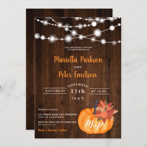 Rustic pumpkin floral wood lights fall wedding invitation