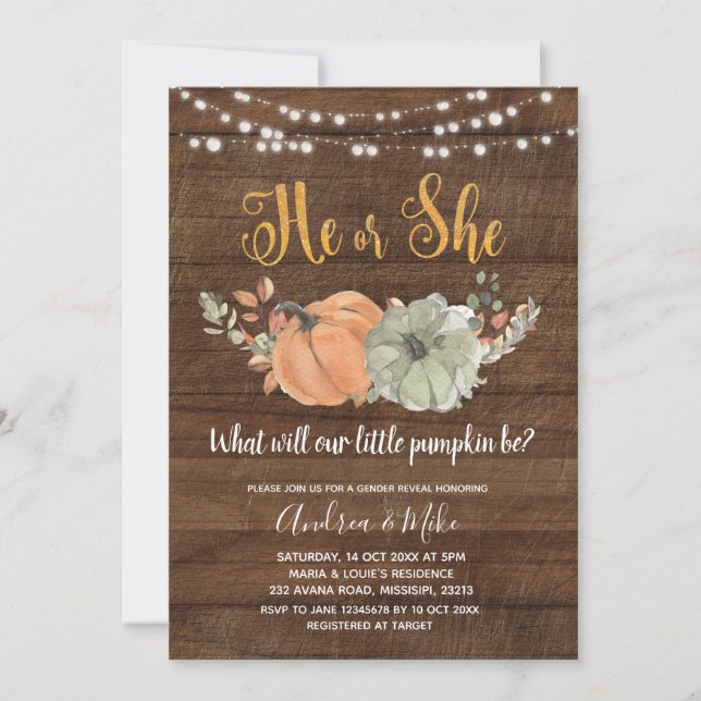 Rustic Pumpkin Gender Reveal Party Invitation (Front)