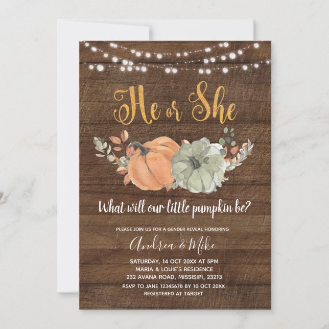 Rustic Pumpkin Gender Reveal Party Invitation (Front)