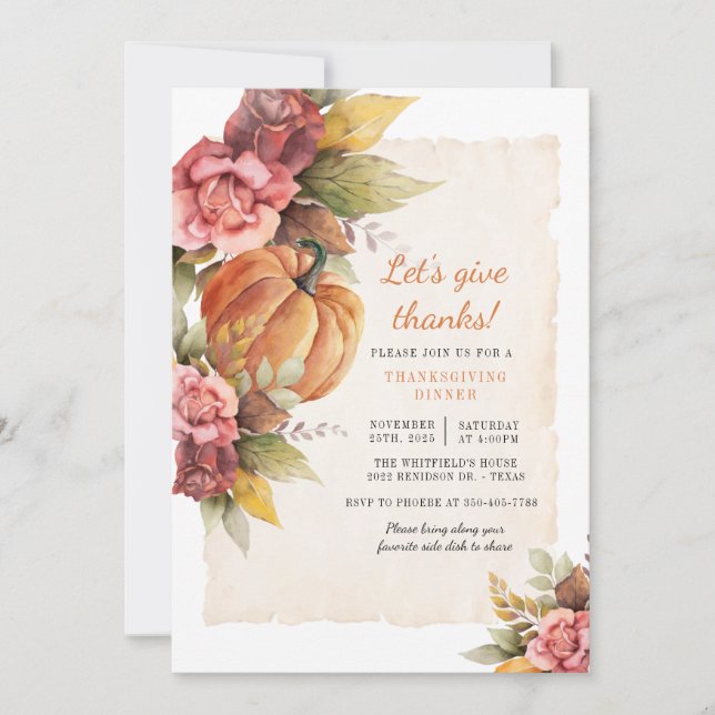 Rustic Pumpkin Give Thanks Thanksgiving Dinner Invitation (Front)