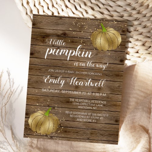 Rustic Pumpkin Gold Glitter Confetti Baby Shower Postcard