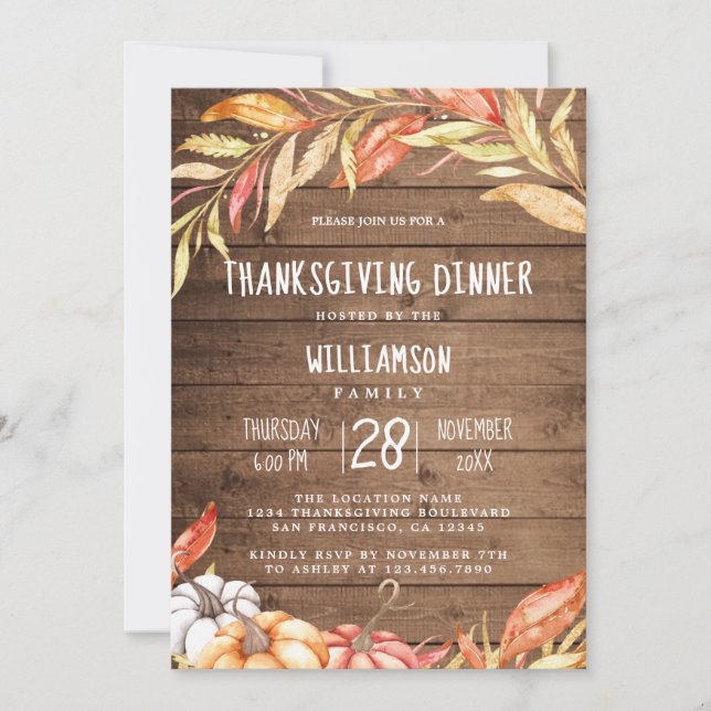 Rustic Pumpkin Golden Foliage Thanksgiving Dinner Invitation (Front)