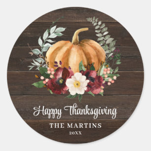 Rustic Pumpkin Happy Thanksgiving Favor Classic Round Sticker