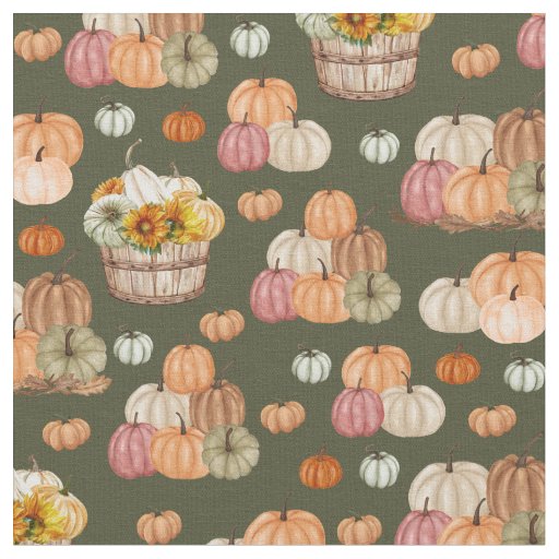 Rustic Pumpkin Harvest on Dark Green Fabric