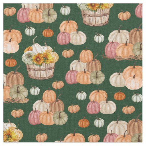Rustic Pumpkin Harvest on Forest Green Fabric