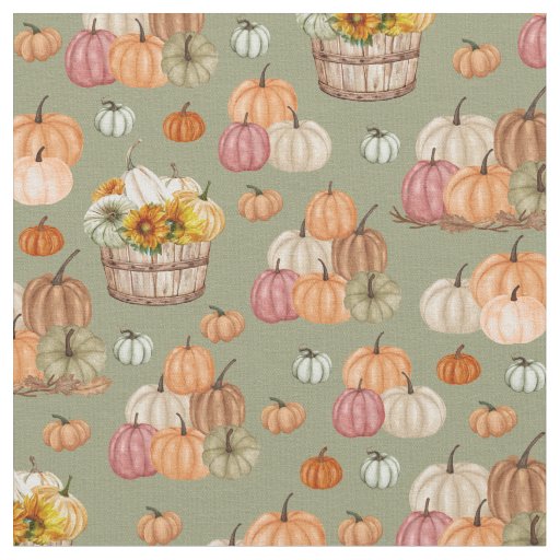 Rustic Pumpkin Harvest on Light Artichoke Green Fabric