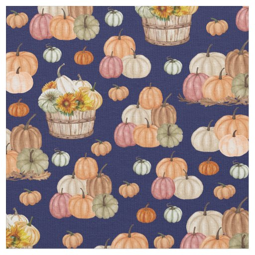 Rustic Pumpkin Harvest on Navy Blue Fabric