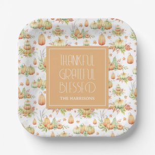 Rustic Pumpkin Leaves Thankful Grateful Blesses Paper Plates