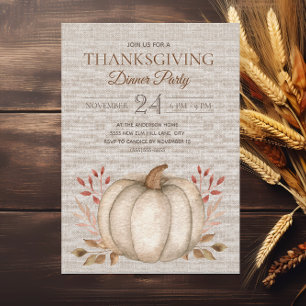 Rustic Pumpkin Linen Thanksgiving Dinner Party Invitation