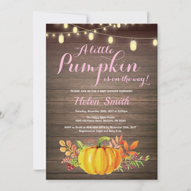 Rustic Pumpkin Mason Jar String Lights Baby Shower Invitation (Front)